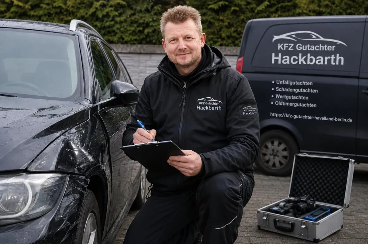 Klaus Werner Hackbarth kniend mit Klemmbrett neben einem Unfallwagen